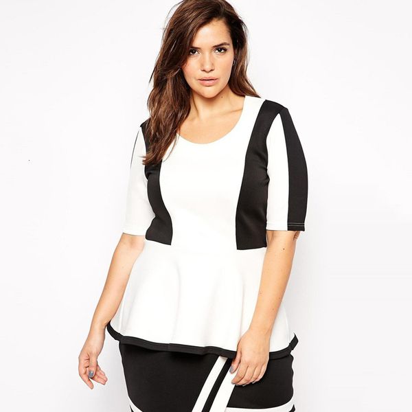 Camiseta Feminina Plus Size Plus Size Verão Elegante Peplum Top Feminino Meia Manga Preto e Branco Blusa com Babado Feminino Tamanho Grande Office T-shirt 6XL 7XL 230719