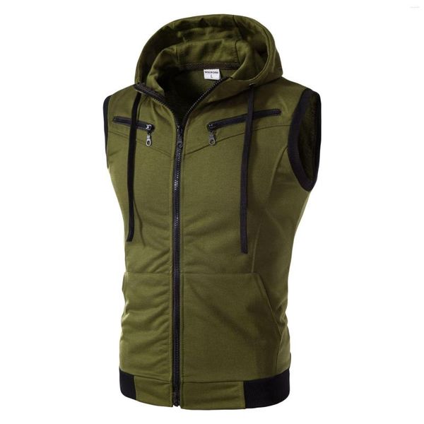 Felpe con cappuccio da uomo Felpa senza maniche verde militare Uomo Sport estivi Canotte in cotone casual Moda Hip Hop Cerniera Gilet slim fit Uomo