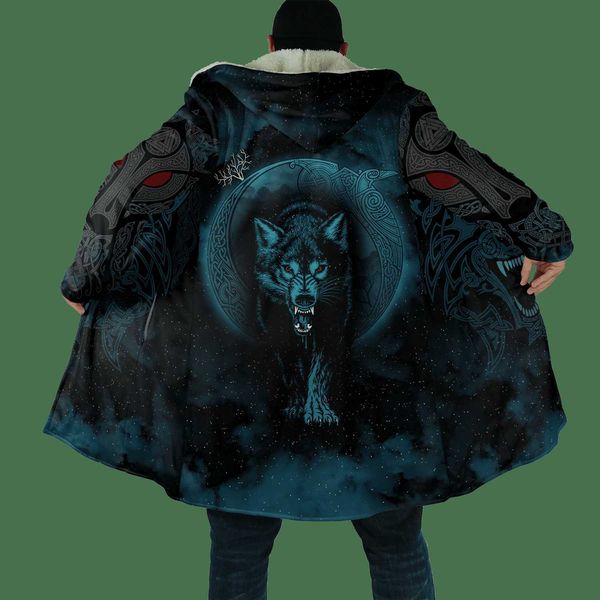 Misturas de lã masculina inverno moda masculina manto com capuz leão tatuagem lobo impressão 3d velo grosso corta vento unissex casual capa quente quente DP04 HKD230718