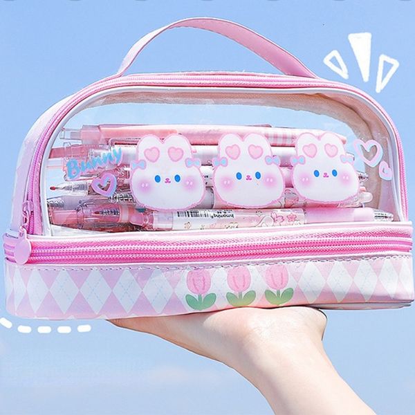 Bolsas de lápices Portátiles de doble capa Estuches de lápices transparentes Estuche Fundas escolares Suministros de papelería Pretty Cute Korean Pencilcase Box Bag 230719