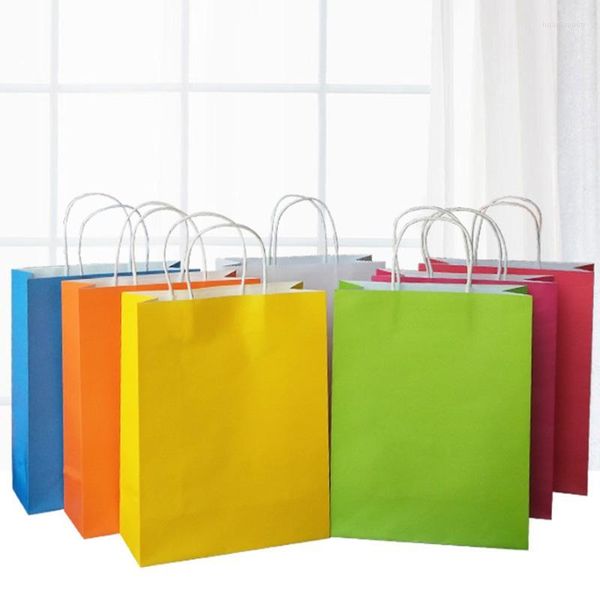 Confezione regalo 10pc / lot Borsa di carta solida con manico Rettangolo Borse per la spesa Borsa riciclabile artigianale 10 colori caramella 3 dimensioni