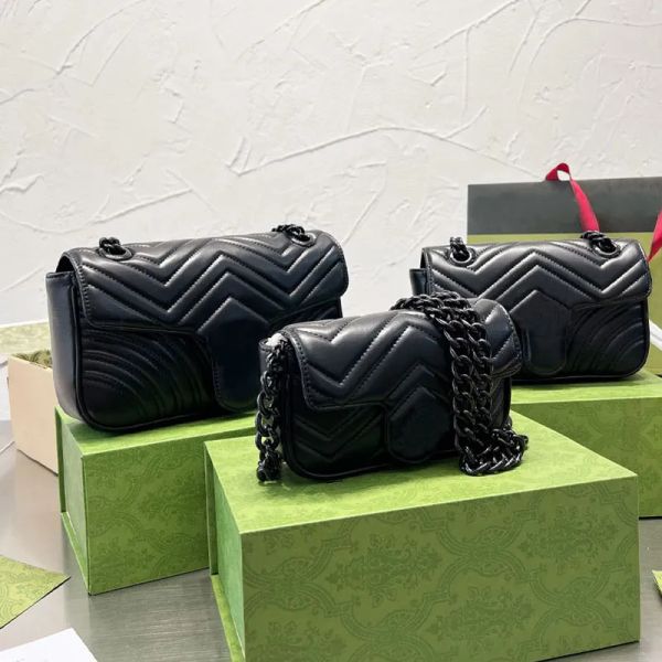 Bolsa de ombro em corrente com aba Bolsa de mão feminina Bolsa de luxo com letras duplas Ferragens em couro genuíno padrão ondulado Marmont Bolsas tiracolo Bolso interno três tamanhos