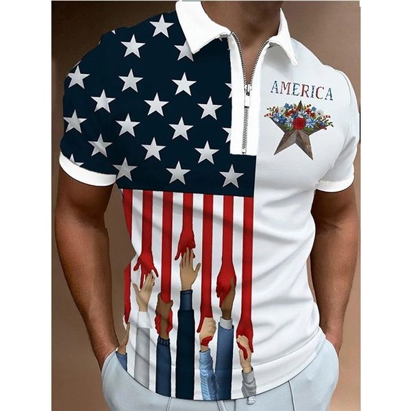 Polos masculinos de verão, camisa polo masculina, roupas de rua, estampa de bandeira nacional, camiseta casual de manga curta, lapela, zíper, bola, top 230718