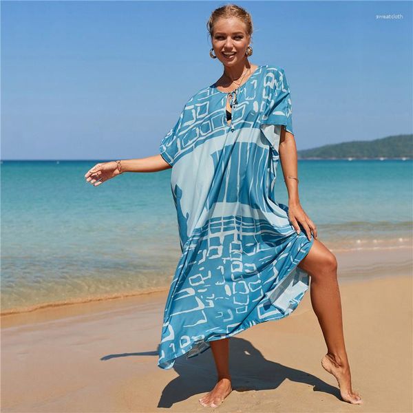 Damen Bademode Strand Blau Polyer Kleid Kaftan Pareo Sarongs Sexy Cover-Up Bikini Tunika Badeanzug Badeanzug Cover Ups Robe De Plage