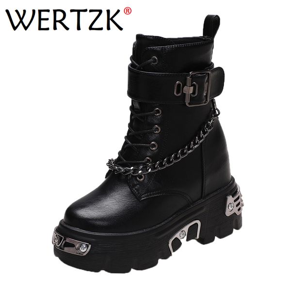 Stiefel Frauen Leder Plattform Kette Stiefeletten Winter Gothic Stil Schuhe Metall Motorrad Stiefel Runde Kappe Chunky Punk Stiefel 230718