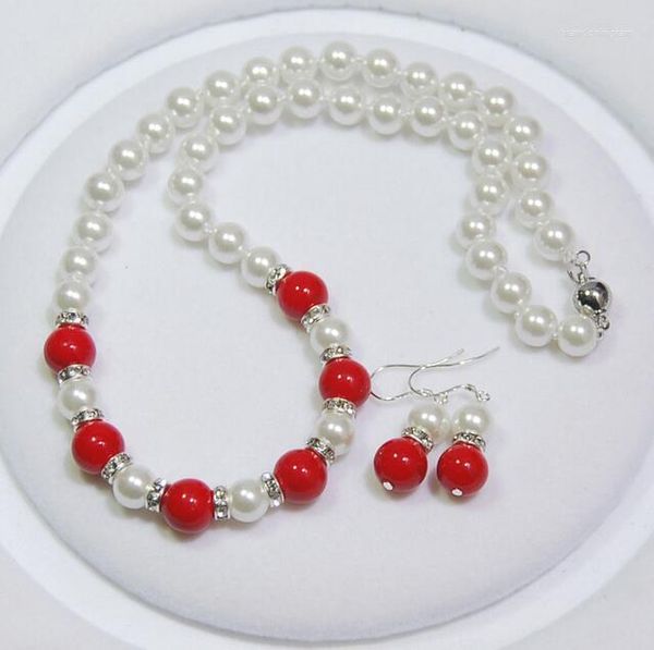 Halskette-Ohrringe-Set, 8 mm weiße Muschelperlen/10 mm rote Korallen-Rundperlen