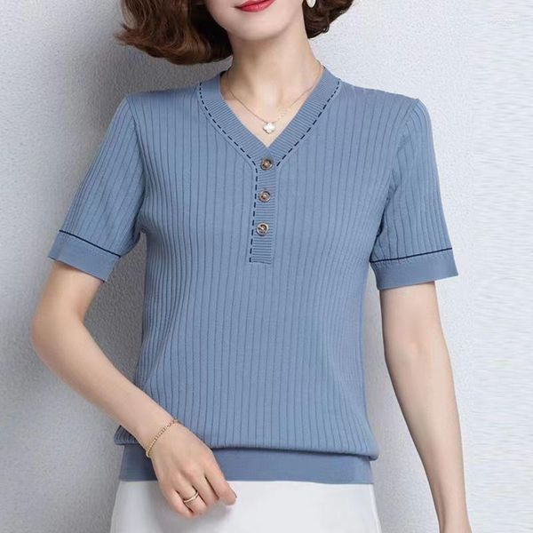 Maglioni da donna TuangBiang Bottone elegante estivo femminile 2023 Pullover in cotone a contrasto con scollo a V T-shirt a maniche corte lavorata a maglia Donna sottile allentata