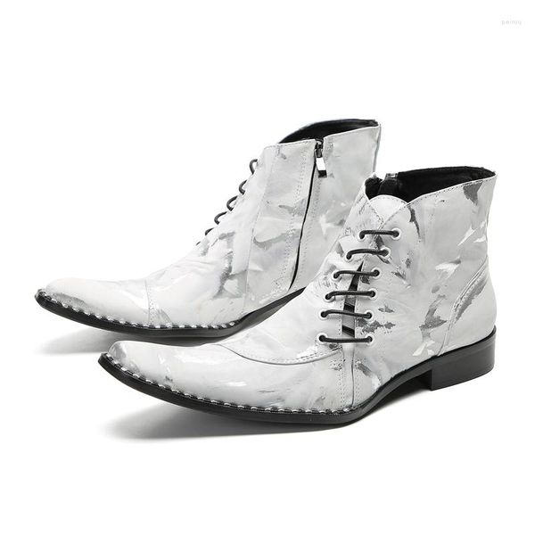 Botas Retrô Punk Couro Real Sapatos Masculinos Militar Cowboy Cano Alto Borracha Bico Pontudo com Cadarço Krampon