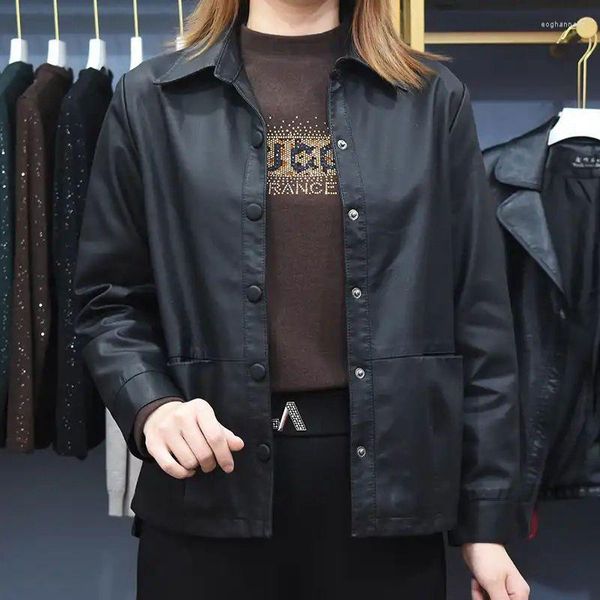 Giacca da donna in pelle primavera autunno donna colletto con risvolto giacca sintetica stile vintage minimalista giacche da moto nere PU streetwear Q367
