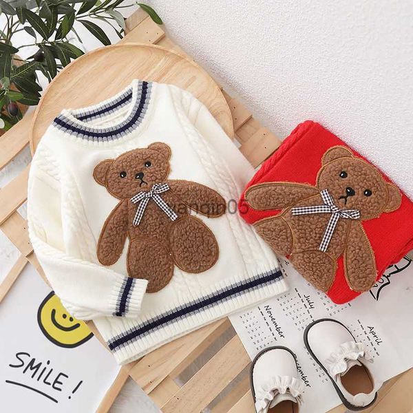 Пуловер 2022 Осенние зимние девочки мальчики милые мультфильм -медведь свитера детские дети вязание рубашка HKD230719