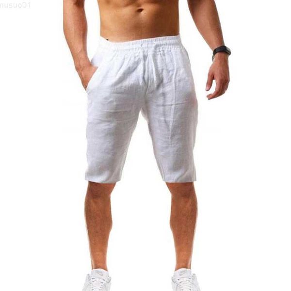 Herren-Shorts, sportliche Freizeit-Shorts für Herren, 2023, Sommer, neue lockere Baumwoll-Leinen, atmungsaktive Caprihosen, solide Mann-Drstring-elastische Taille, Strandhose L230719