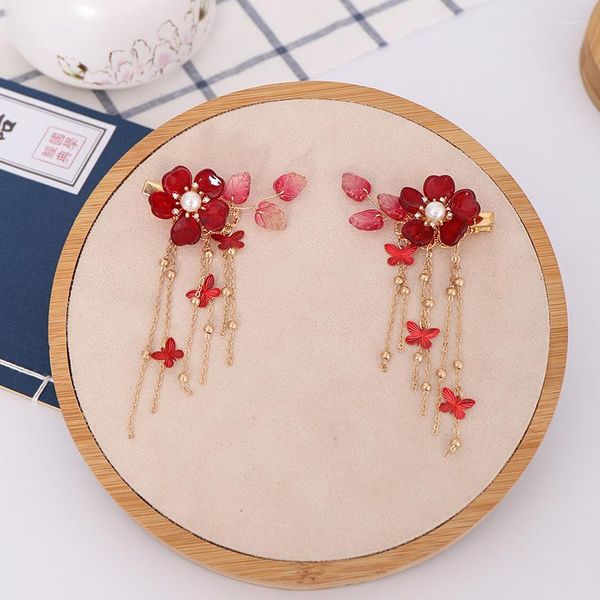 Haarspangen 1 Paar chinesische Hanfu-Zubehör rot rosa Blume Haarnadeln Vintage Kleid Kopfbedeckung Schmetterling Quasten Kinder Clip