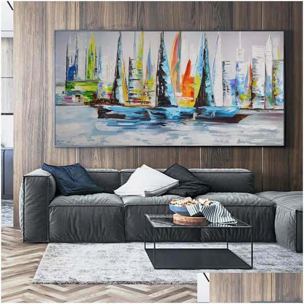 Gemälde Boot Meer Poster Ölgemälde auf Leinwand Drucke Landschaft Colorf Wandbilder für Wohnzimmer Home Decor Poster und Drop D Dhyzk