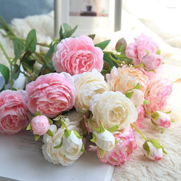 Flores decorativas simuladas peônias buquês individuais para decoração de casamento rosa falsa artificial diy arranjos de flores decorações para casa