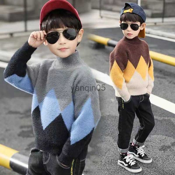 Pullover Maglione per bambini Ragazzi 2023 Nuovo visone Lana ispessita Mezzo dolcevita Pullover Colore a contrasto Patchwork Coreano 5-14 anni HKD230719