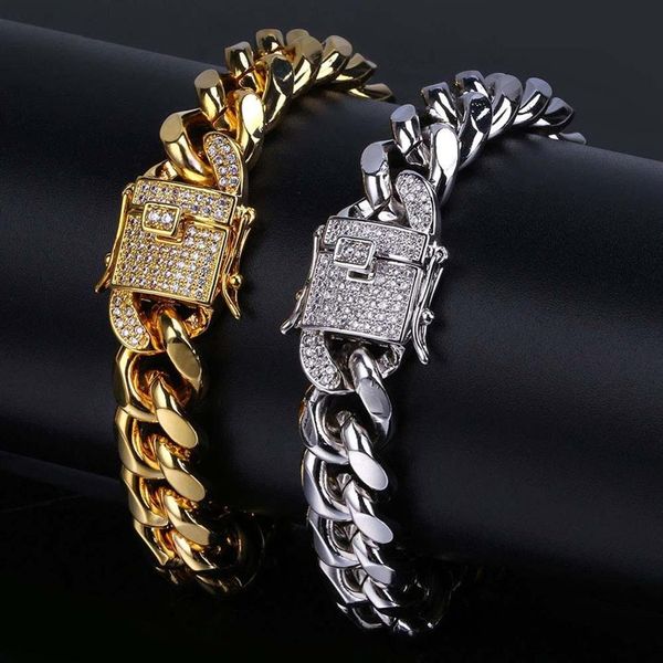 Hip Hop CZ Zircon Paved Lock Bling Ice Out Cuban Miami Curb Link Chain Bracelets for Men Rapper Jewelry Gold Silver Color296H