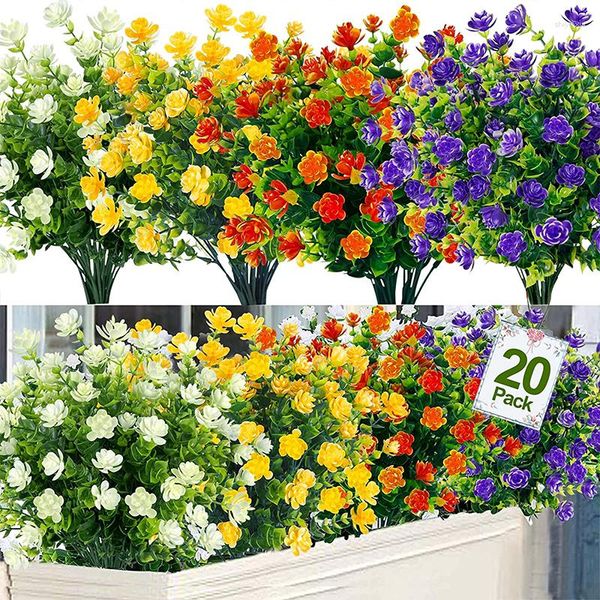 Flores decorativas 20 pacotes de plantas artificiais ao ar livre para decoração de plástico resistente a UV para decoração externa de casa falsa