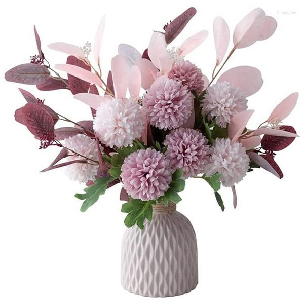 Flores decorativas conjunto de flores artificiais hortênsia e vaso de cerâmica rosa buquê de plástico faça você mesmo para casamento em casa