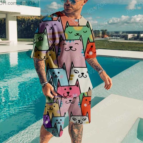 Männer Trainingsanzüge Sommer 2017 Männer 2PCs 3D Cartoon Katze Druck Übergroßen männer Oansatz Sweatshirt Z230719