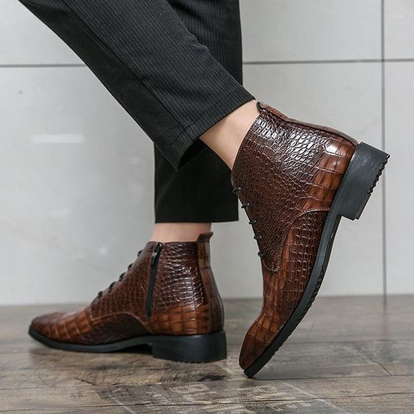 Botas masculinas de couro legítimo bico fino marrom couro legítimo até o tornozelo vestido formal C409