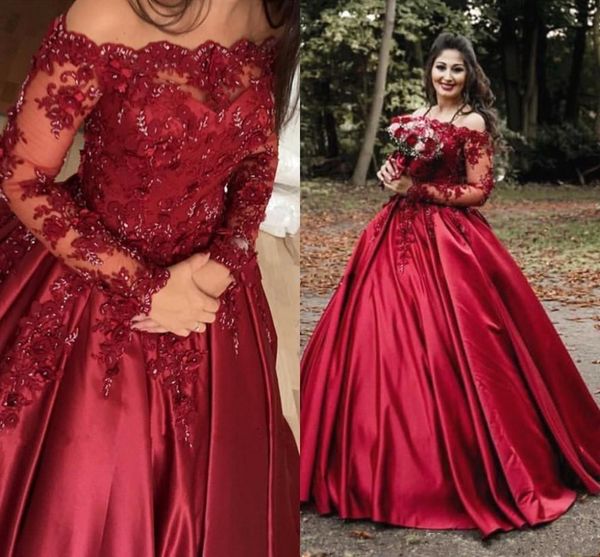 Elegante Burgunderrote Abendkleider, lang, schulterfrei, mit Spitze, Blumen, Perlen, lange Ärmel, Partykleid in Übergröße, Abschlussball-Abendkleider