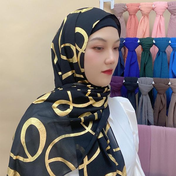 Ethnische Kleidung Trendy Bubble Chiffon Schwarz Hijab mit Shinny Gold Glitter Schal Muslimische Frauen Bandana Turban Stirnband Arab Wrap Foulard