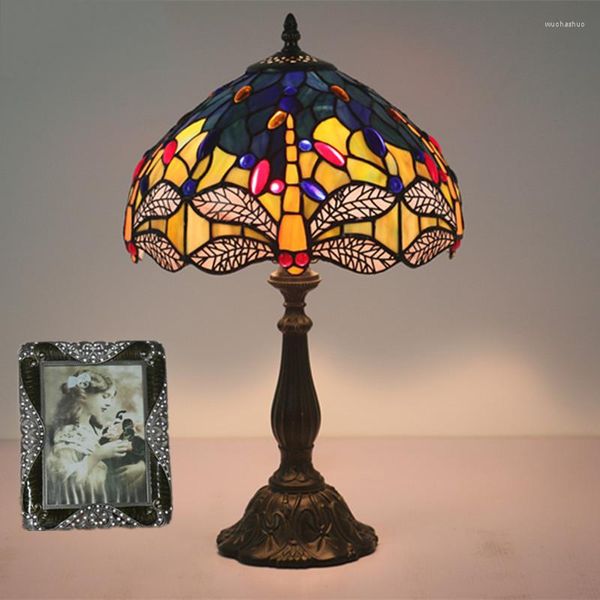 Tischlampen Vintage Tiffany Lampe Mittelmeer Buntglas Libelle Schreibtischleuchte LED E27 AC Powered 85V-265V für Raumdekoration
