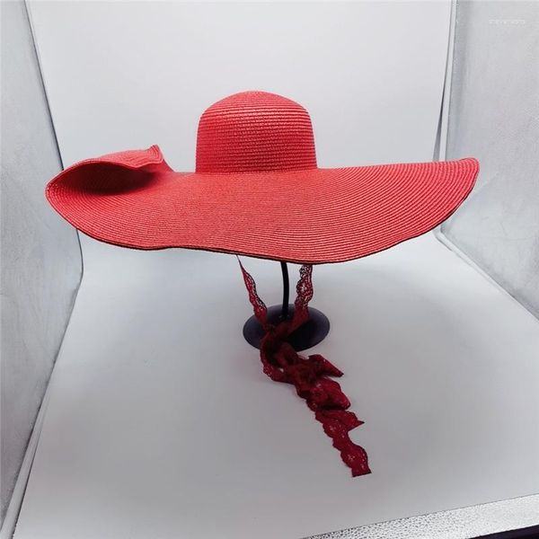 Cappelli a tesa larga 202305-chaoni Ins Drop Desige Summer Big Wind Red Paper Lace Ribbon Lady Sun Cap Women Leisure Holiday Beach Hat
