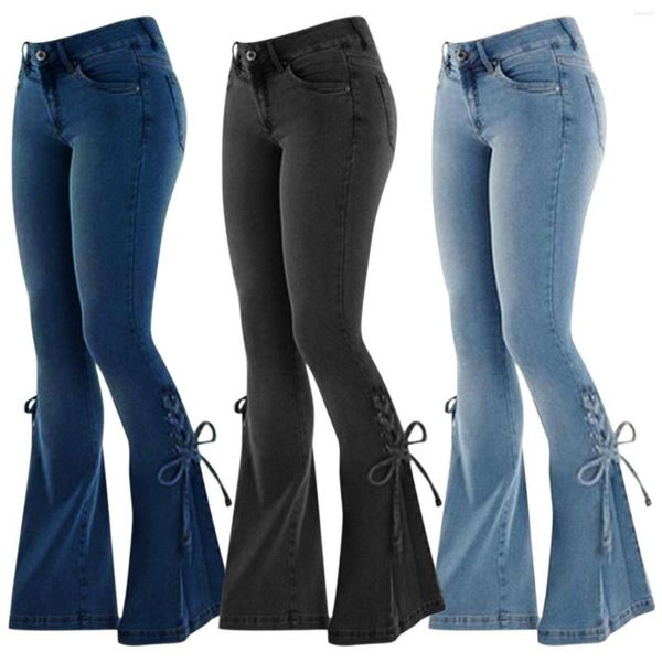 Jeans da donna Y2k Denim Pantaloni svasati con lacci Pantaloni a vita media Pantaloni slim dimagranti vintage Streetwear per ragazze