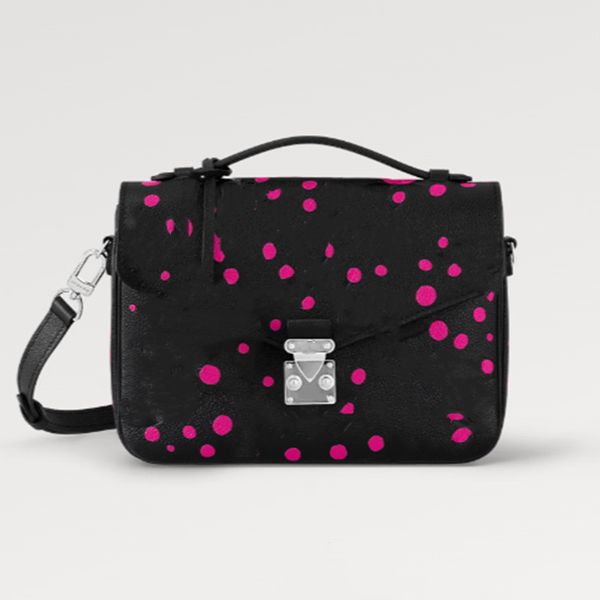 Nova bolsa feminina Explosion hot bolsa pochette vívida fúcsia dots abóboras bolsa principal M46420 fino couro preto prata psicodélico elegante EP couro granulado