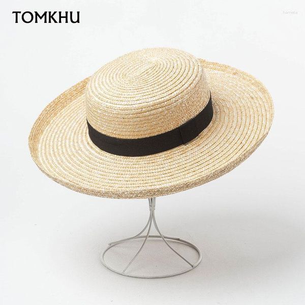 Geniş Memlu Şapkalar Tomkhu Kadınlar Zarif Solun Summer Straw Hat Dış Mekan Güneşi bayanlar Black Band Fedora Beach Boater