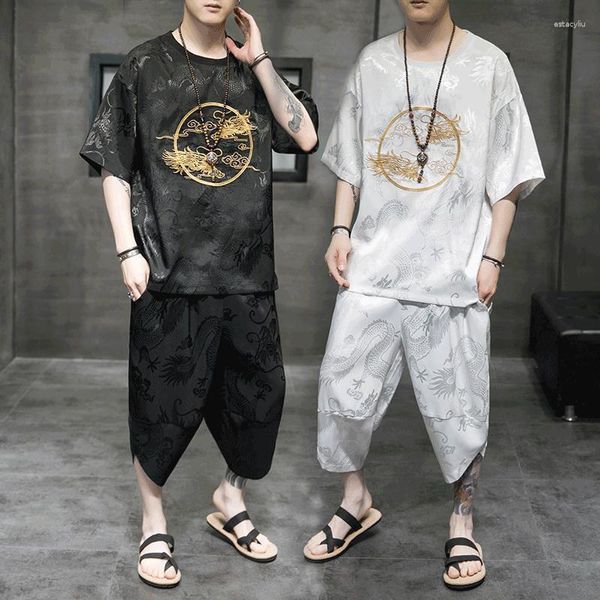 Agasalhos masculinos verão estilo chinês bordados de seda gelo manga curta camisetas calças terno solto causal roupas masculinas de duas peças
