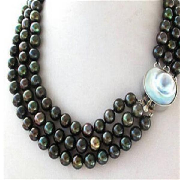 Collana di perle rotonde di pavone nero a 3 fili Mabe Blister Pearl Clasp299y