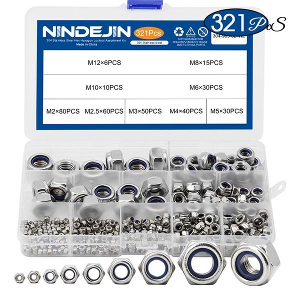 NINDEJIN 321pcs Nylon Lock Nut Prego 304 Aço Inoxidável M2 M2 5 M3 M4 M5 M6 M8 M10 M12 Hex Hexágono Autotravamento Porcas Variedade Ki284G