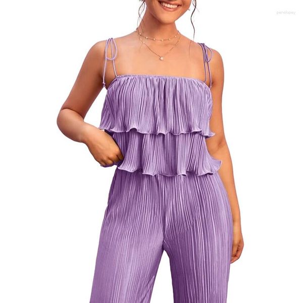 Zweiteilige Damen-Hosen, Damen-Hosen-Sets, Sommerkleidung, Outfits, einfarbig, gestufte Rüschen, Unterhemden, Tank-Tops, elastische Taille, weites Bein