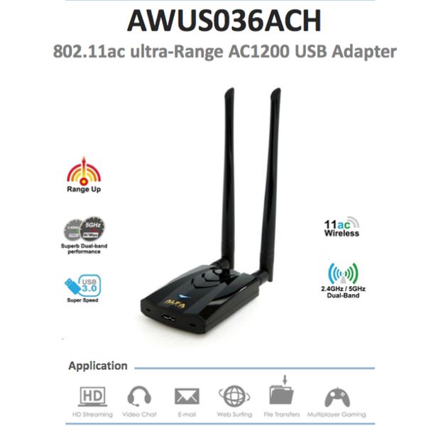 Wi-Fi Finders ALFA AWUS036ACH verwendet eine leistungsstarke drahtlose Netzwerkkarte mit RTL8812AU-Chipsatz, die für BT5 Kali Linux MAC 230718 geeignet ist