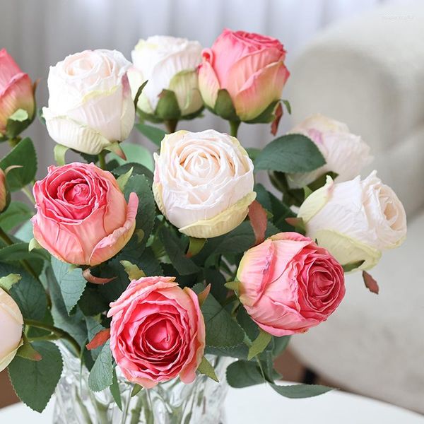 Flores Decorativas Seda Rosas Artificiais Decoração de Casamento Vintage Borda Queimada Rosa Sala de Estar de Palco Pano de Fundo Simulação de Janela de Espetáculo