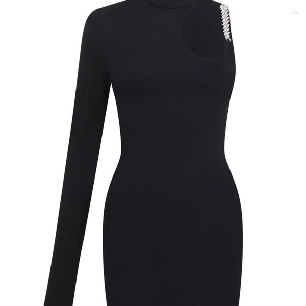 Vestidos Casuais Sexy Preto Gola Alta Oco Um Ombro 2023 Manga Longa Bodycon Bandage Dress Elegant Celebrity Club Party