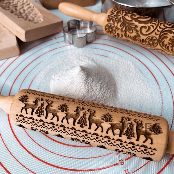Rolling Pins Pastry Boards Christmas Embossing With Patterns Wood Rolling Cookies Embossed Cookies tools alces Snowflak 230719