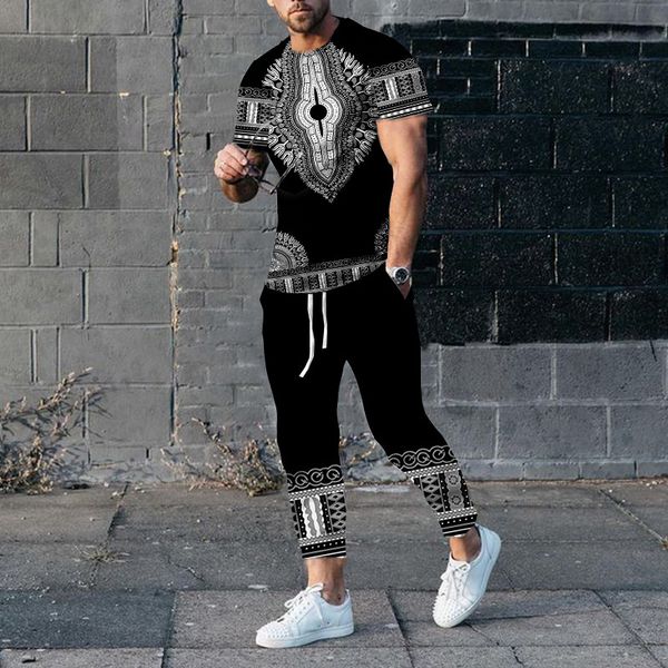 Herren-Trainingsanzüge, Herrenanzüge, 3D-Druck, afrikanisches Totem, Sportbekleidung, Anzug, Kurzarm-T-Shirt, lange Hosen, Herren-2-teiliges Set, Herren-Trainingsanzug, übergroße Kleidung 230719