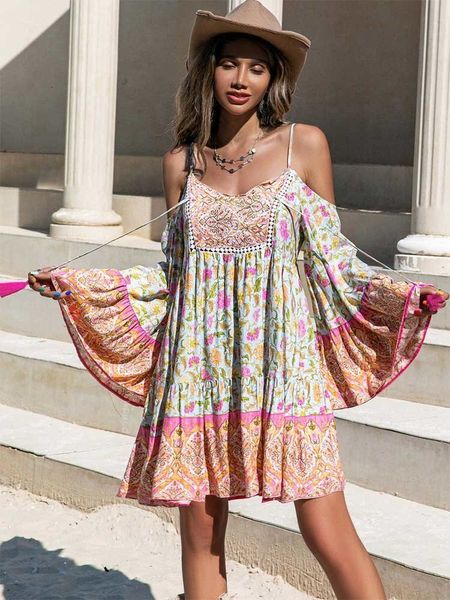 Vestidos casuais básicos inspirados em boho mini vestido boho de rayon com estampa floral para mulheres ombro decotado decote em v meia manga boêmio vestido de verão praia boho 230718