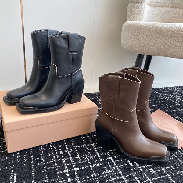 Quadratische Tos Trendige Stiefeletten mit klobigen Absätzen, Ritterstiefel, Damen-Kampfstiefel, Westernstiefel, Luxus-Designer-Booties, Fabrikschuhe, Braun, Schwarz