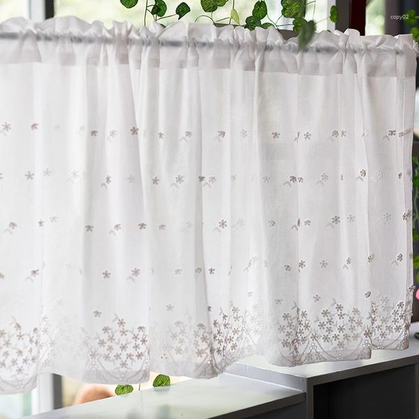 Cortinas de renda de algodão cortinas de cozinha para janela branco curto bordado flor porta sanefa sala de estar decoração de casa