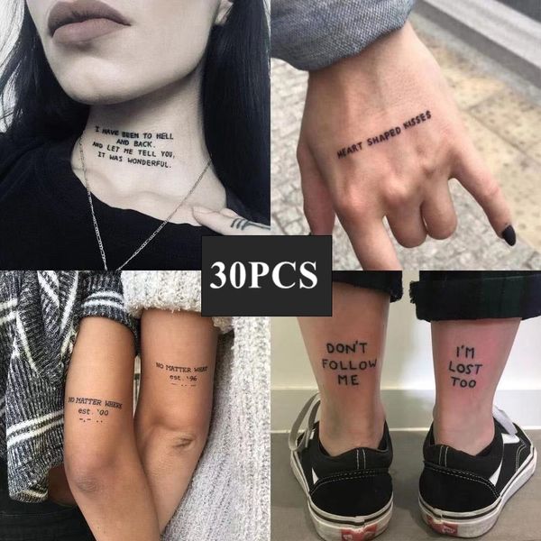 30 pçs adesivo de tatuagem temporária à prova d'água preto diabo não dorme letras em inglês flash tatuagem tatuagem falsa pescoço pulso para mulher