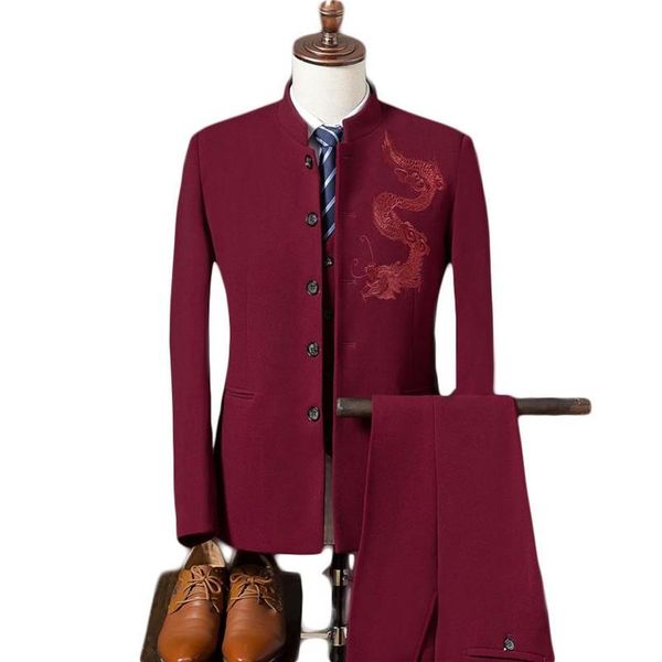 Loldeal Abiti da Uomo 2020 Autunno Stile Cinese Drago Stampa Abiti da Sposa Colletto Stand Slim Fit 3 Pezzi Casual Vino Rosso209P