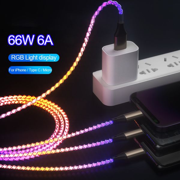 3 In 1 66W 6A RGB Işık Tip C Kablo USB Aydınlatma Kablosu Hızlı Şarj Telefon Kablosu İPhone Xiaomi Samsung Araç Şarj Kablosu