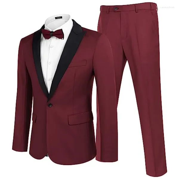 Ternos Masculinos Terno Masculino Borgonha 2 Peças Com Lapela Preta Fino Para Casamento Noivo Negócios Casual Trabalho Conjunto Conjunto Jaqueta E Calças