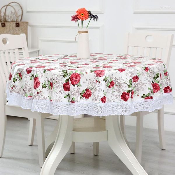 Toalha de mesa 1 peça 137/152/180 cm padrão de flor redonda renda lateral toalha de mesa lavável à prova dwaterproof água à prova de óleo capa de pvc decoração de casa