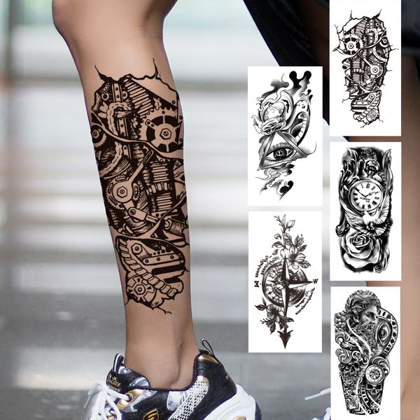 Maquinaria 3D Tatuagens temporárias para mulheres, homens, adultos, flor preta, bússola, tatuagem, etiqueta, falso, triângulo, olho, relógio, tatuagens, perna, corpo