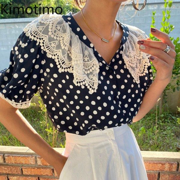 Damenblusen Kimotimo Chic Polka Dot Shirts Frauen Korean Fashion Spitze V-Ausschnitt Puffärmel 2023 Sommer Elegant All Match Tops Camisa